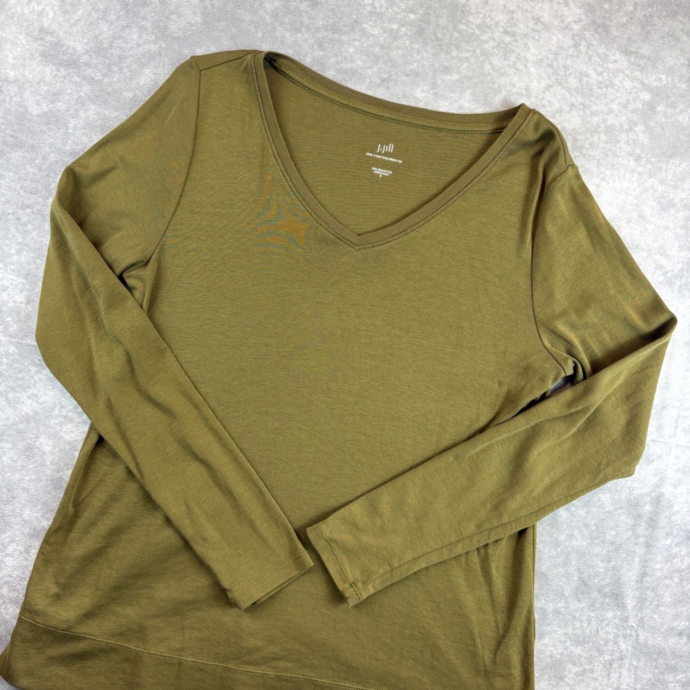 J. Jill Pima V-Neck Tee Women Small Olive Green Long Sleeve 100% Cotton Top